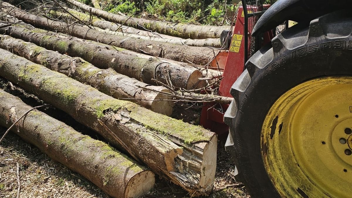 Timber extracted and stacked in woodland beside a Landwise tractor and winch
